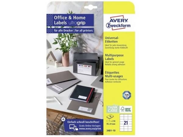 Avery 3481-10, Hvit, Selvklebende skriveretikett, A4, Papir, Laser/Blekkskriver, Permanent