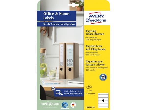 Avery LR4761-10 192 x 61 mm, A4, uden belægning, offwhite Med Avery's LR4761-10 etiketter til ringbind er det nemt at give dine ringbind et professio