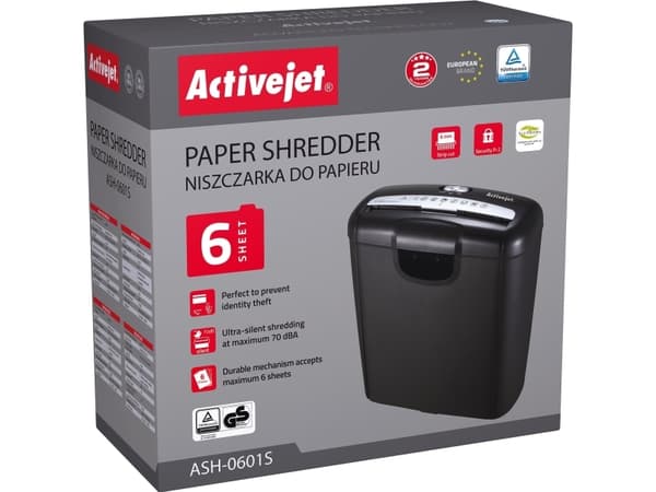 Activejet ASH-0601S paper shredder, Stripemakulering, 22 cm, 10 l, Knapper, 3000 mm/min, P-1