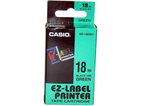Casio XR-18GN1 - Selv-adhesiv - sort på grønt - Rull (1,8 cm x 8 m) 1 kassett(er) merketape - for Disc Title Printer CW-L300; KL 170, 780, 8100