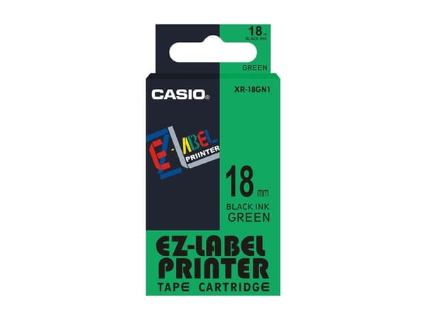 Casio XR-18GN1 - Selv-adhesiv - sort på grønt - Rull (1,8 cm x 8 m) 1 kassett(er) merketape - for Disc Title Printer CW-L300; KL 170, 780, 8100