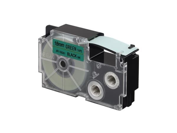 Casio XR-18GN1 - Selv-adhesiv - sort på grønt - Rull (1,8 cm x 8 m) 1 kassett(er) merketape - for Disc Title Printer CW-L300; KL 170, 780, 8100