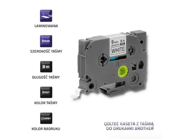 Qoltec Tape for BROTHER TZe-221 - Svart på hvitt - Rull (0,9 cm x 8 m) 1 kassett(er) laminert teip - for Brother PT-D210, D600, H110; P-Touch PT-1005