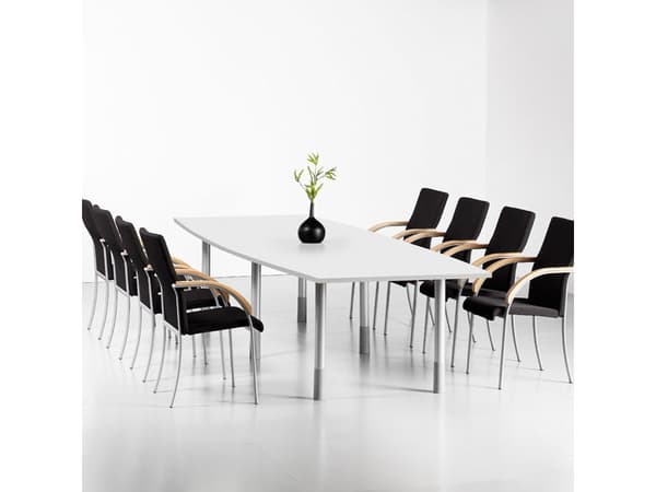 Kokouspöytä Consensus, valkoinen 3500x1200 mm veneen muotoinen, alumiininharmaa runko