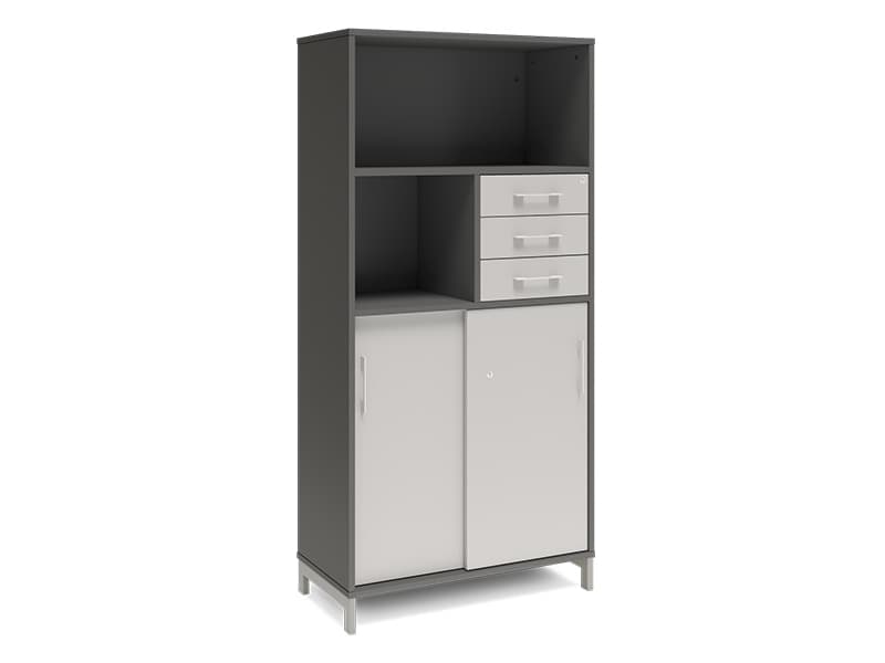 Kontorskab DNA, 800x1660 mm, Antracit/Lys grå/Alugrå, skydedør og skuffemodul 4A4/2A4