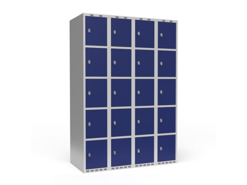 Garderob 4x300 mm Lutande tak 5 fack på höjden Blå dörr Cylinderlås