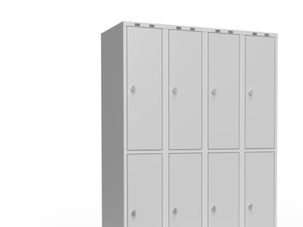 Vaatekaappi 4x300 mm Viisto katto 2 lokeroa korkeudella Vaaleanharmaa ovi Sylinterilukko