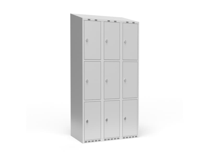 Garderob 3x300 mm Lutande tak 3 fack på höjden Röd dörr Cylinderlås