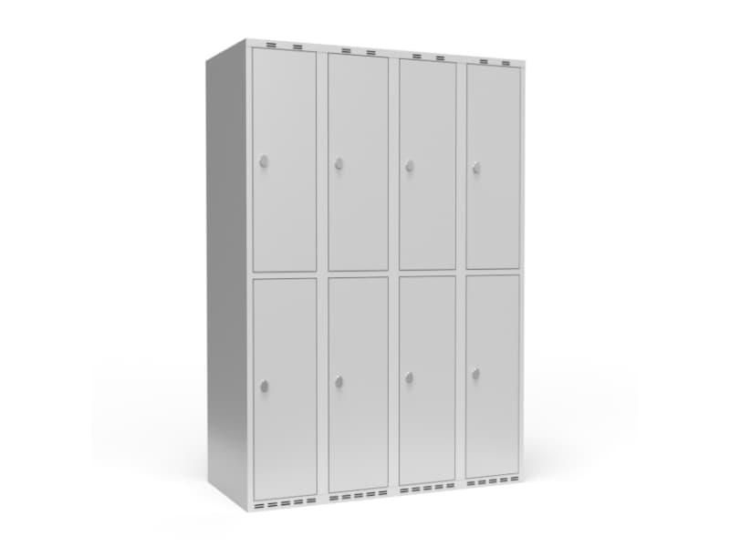 Garderob 4x300 mm Lutande tak 2 fack på höjden Röd dörr Cylinderlås