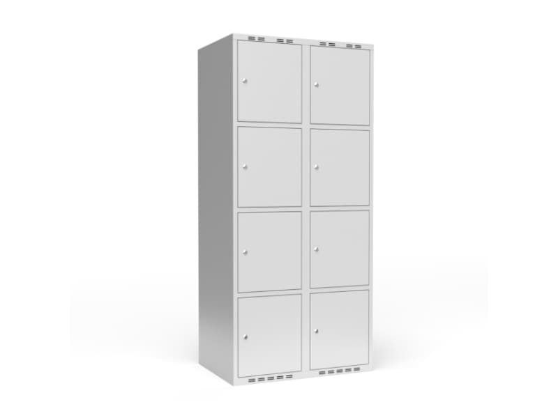 Garderob 2x300 mm Lutande tak 4 fack på höjden Blå dörr Handtag för hänglås