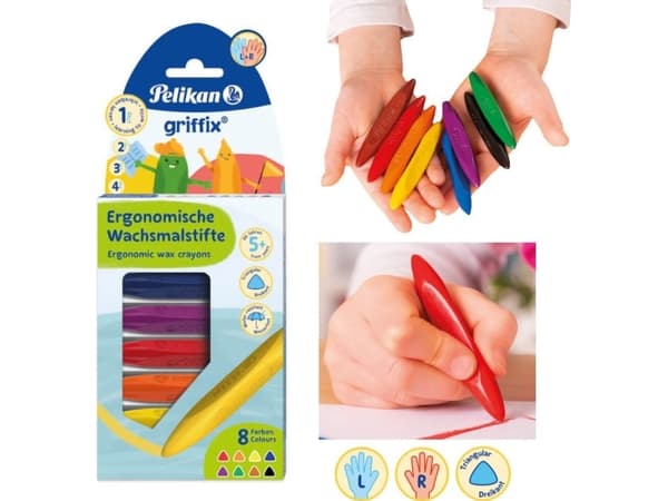 Pelikan Griffix, 8 styck, Svart, Blå, Brun, Grön, Orange, Röd, Violett, Gul, Triangel, Vax, Pojke/flicka, Motor skills training