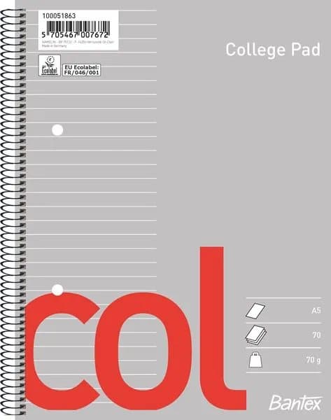 College anteckningsbok A5 Bantex COL fodrad med hål