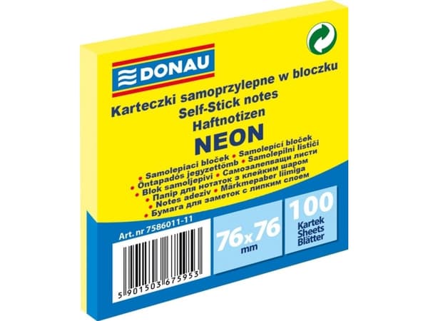 Donau SELF-ADHESIVE NOTEBOOK DONAU 76X76MM NEON YELLOW 100 SHEETS