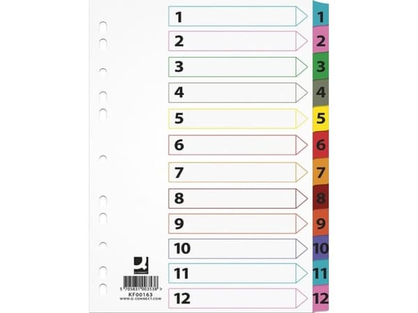 Q-CONNECT Mylar-välilehdet, kartonki, A4, 225x297mm, 1-12, 12 korttia, lam. indeksi, sekavärit