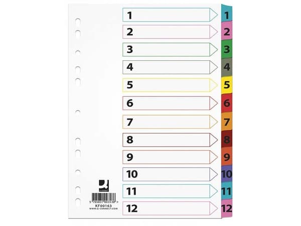 Q-CONNECT Mylar-välilehdet, kartonki, A4, 225x297mm, 1-12, 12 korttia, lam. indeksi, sekavärit