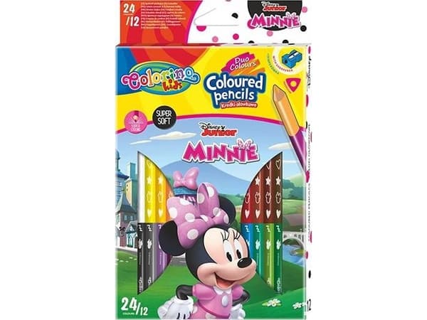 Patio Kolmikulmaiset kaksivärikynät 12 kpl 24 väriä + teroitin Colorino Kids Minnie