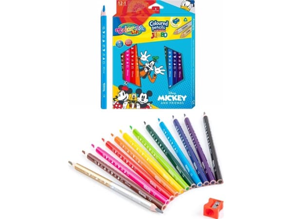 Patio Kredki ołówkowe trójkątne JUMBO 12 sztuk 13 kolorów + temperówka Colorino Kids Mickey