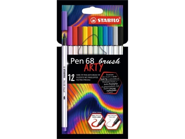 STABILO Pen 68 brush ARTY, 12 färger, Multifärg, Rundad spets, Multifärg, 24 h, Vattenbaserat bläck