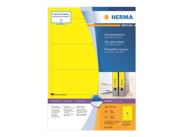 HERMA Special - Papper - matt - permanent självhäftande - gul - 192 x 61 mm 400 etikett (er) (100 ark x 4) ogenomskinliga pärmetiketter