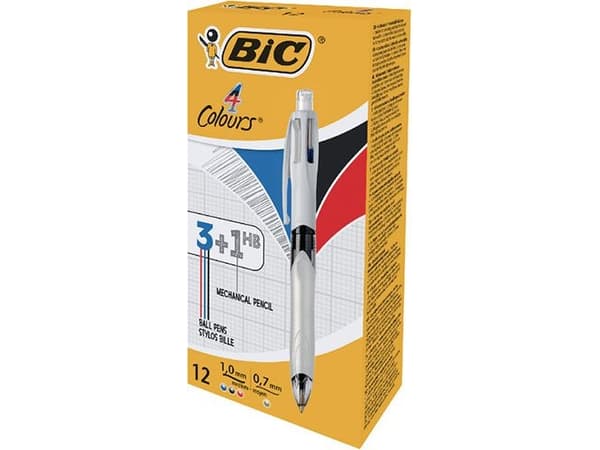 BIC 4Colours, Klämma, Fastklämbar, indragbar kulspetspenna, Svart, Blå, Grön, Röd, 12 styck