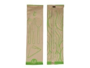 Bestikpose Verive 4/1 med voksbehandlet træ kniv/gaffel/spiseske/papirserviet,5 ps x 100 stk/krt