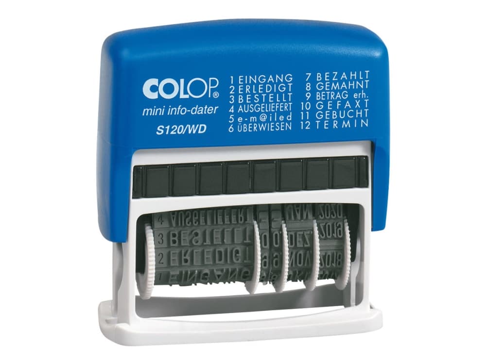 COLOP Mini-Dater S 120/WD - Stämpel - självhäftande - 2-färgad (blå, röd) - standardtext, datum - 4 mm - blått handtag