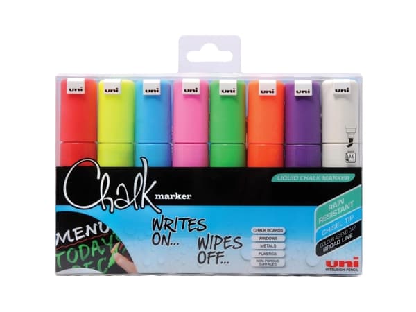 Chalkmarker, Uni-Ball, skrå, ass.farver, pakke a 8 stk