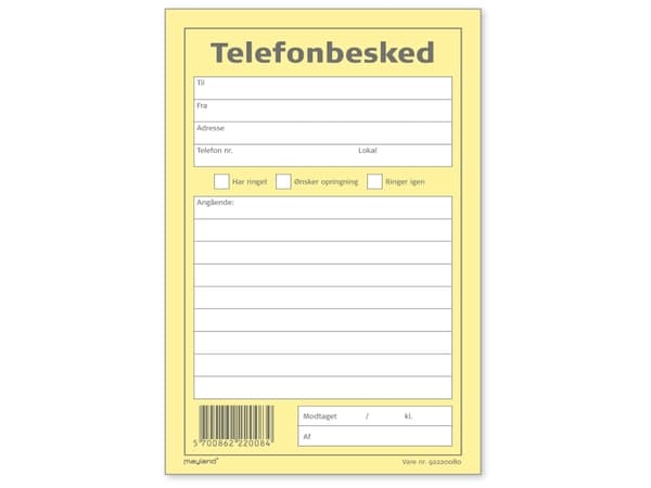 Mayland - Telefonbeskjedsskjema - 100 ark - 100 x 148 mm - portrett
