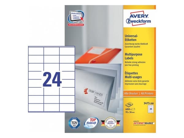 Avery Zweckform Universal - Papir - permanent klæbemiddel - vit - 70 x 36 mm 4800 etikett(r) (200 ark x 24) etiketter till flera formål