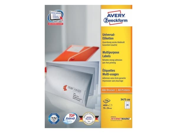 Avery Zweckform Universal - Papir - permanent klæbemiddel - vit - 70 x 36 mm 4800 etikett(r) (200 ark x 24) etiketter till flera formål