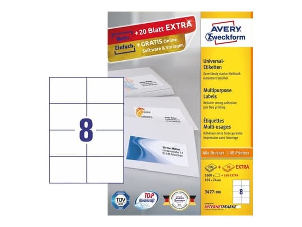 Avery Zweckform Universal - Papir - permanent klæbemiddel - vit - 70 x 36 mm 4800 etikett(r) (200 ark x 24) etiketter till flera formål
