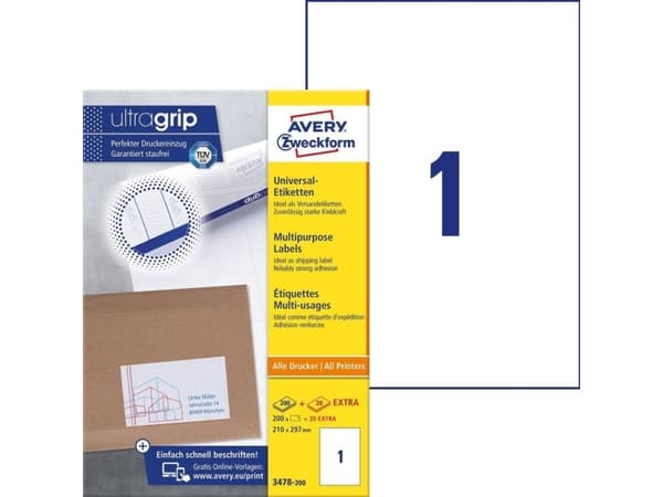 Avery Zweckform 3478 - Hvit - A4 (210 x 297 mm) 200 etikett(er) (200 ark x 1) etiketter