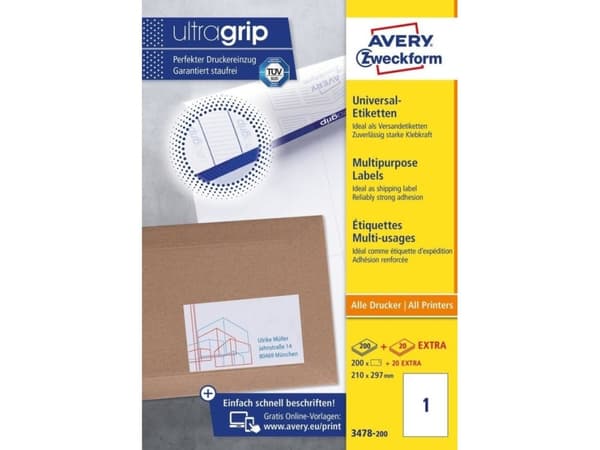 Avery Zweckform 3478 - Hvit - A4 (210 x 297 mm) 200 etikett(er) (200 ark x 1) etiketter