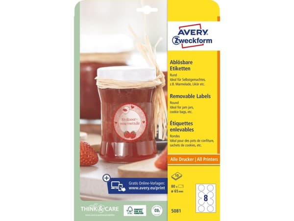 Avery-Zweckform 5081 Tarrat Ø 65 mm Paperi Valkoinen 1 sarja irrotettavia yleistarroja 10 Blatt DIN A4