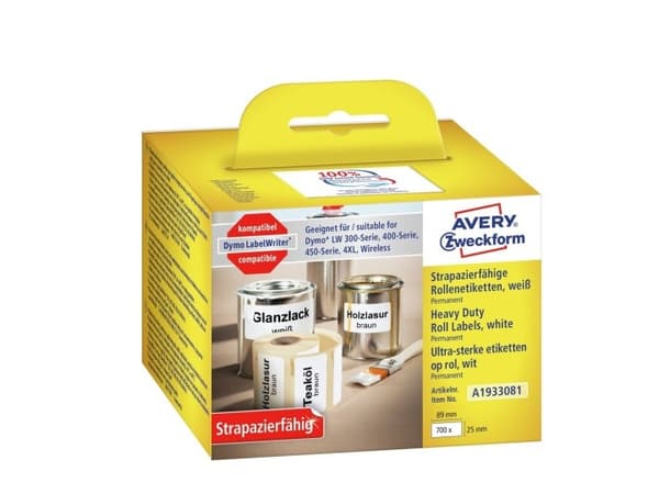 Avery A1933081, Hvit, Rektangel, Permanent, Svart på hvitt, Roll, Polyester
