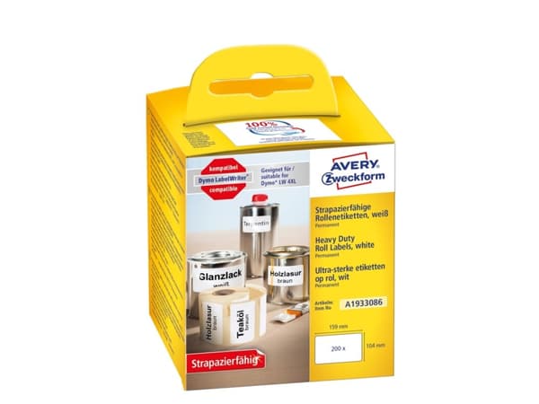 Avery A1933086 104 x 159 mm, Rulle, Hvid Avery's A1933086 holdbare polyester etiketter på rulle til etiketprinter er 100% kompatibel med Dymo® LabelW
