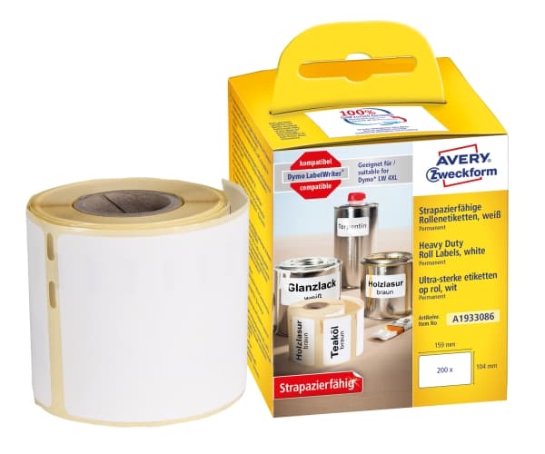 Avery A1933086 104 x 159 mm, Rulle, Hvid Avery's A1933086 holdbare polyester etiketter på rulle til etiketprinter er 100% kompatibel med Dymo® LabelW