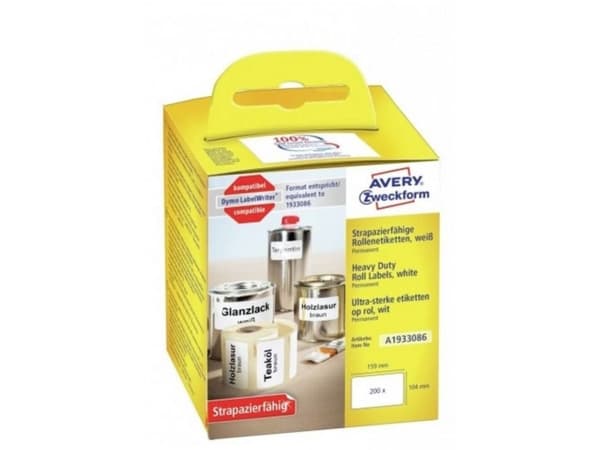 Avery A1933086 104 x 159 mm, Rulle, Hvid Avery's A1933086 holdbare polyester etiketter på rulle til etiketprinter er 100% kompatibel med Dymo® LabelW