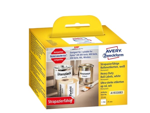 Avery A1933083 25 x 25 mm, Rulle, Hvid Avery's A1933083 holdbare polyester etiketter på rulle til etiketprinter er 100% kompatibel med Dymo® LabelWri