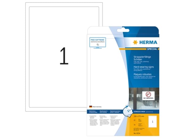 HERMA 8334, Valkoinen, Itse kiinnittyvä tulostintarra, A4, Polyesteri, Laser, Kiinteä