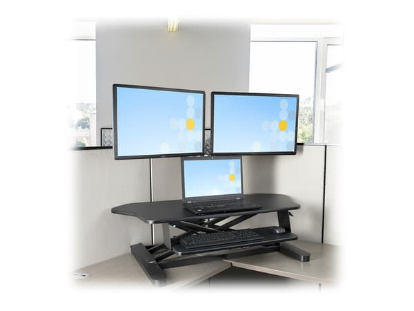 StarTech.com Corner Sit Stand Desk Converter with Keyboard Tray, Large Surface 35" x 21", Height Adjustable Ergonomic Desktop/Tabletop Standing Works