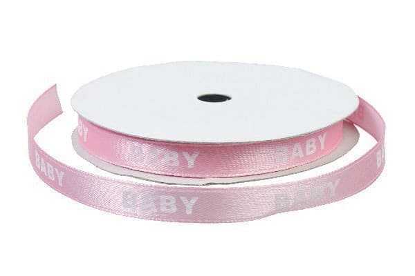 Satinbånd 'BABY' pink m/hvid 9mm ca.9m