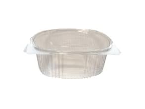 Plastbæger Verive 250 ml oval hængslet låg 133x105x43 mm RPET Klar,12 ps x 50 stk/krt