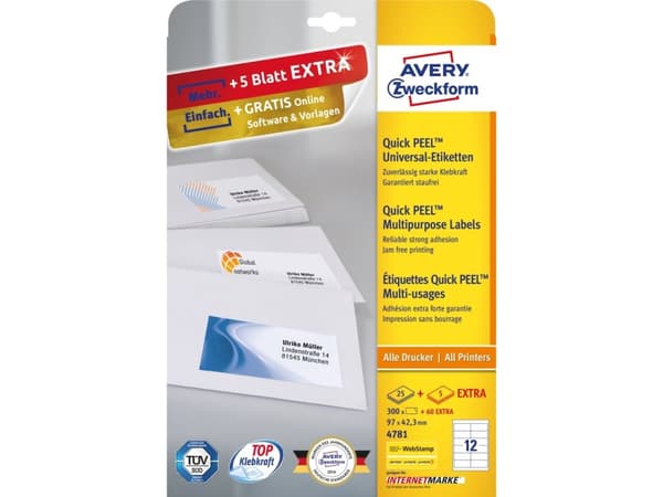 Avery - Hvit - 97 x 42.3 mm 300 etikett(er) (25 ark x 12) flerbruks merkelapper