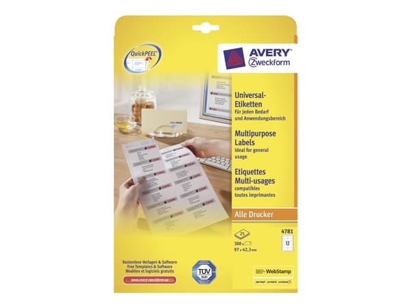Avery - Hvit - 97 x 42.3 mm 300 etikett(er) (25 ark x 12) flerbruks merkelapper