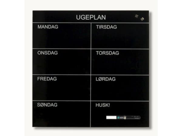 Magnetisk NAGA ugetavle i glas 45x45 cm sort - dansk tekst