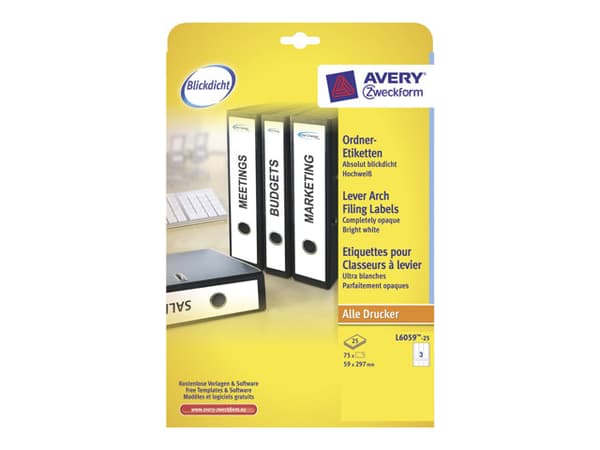 Avery L6059 - Hvit - 59 x 297 mm 75 stk. (25 ark x 3) etiketter for filmapper
