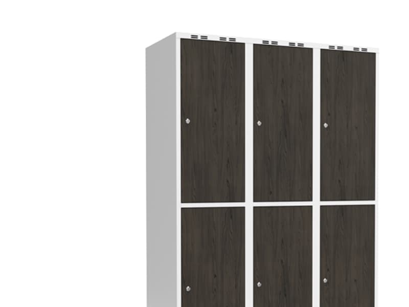 Garderob 3x300 mm Lutande tak 2-styckig pelare Laminatdörr Nocturne trä Cylinderlås