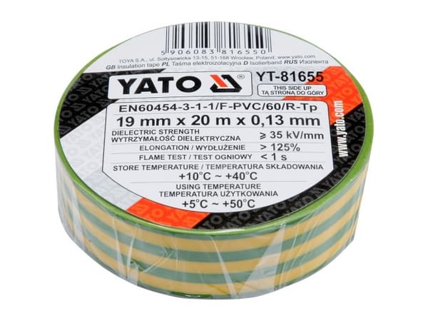 Yato YT-81655, grønn/gul, isolerende, polyvinylklorid (PVC), ripebestandig, kjemisk motstandsdyktig, korrosjonsbestandig, brannsikker, EN60454-3-1-1/