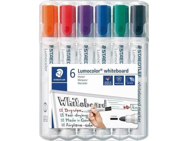 STAEDTLER Lumocolor tavlemarkør 351, etui med 6, linjebredde: 2,0 mm, rund spiss, etterfyllbar, DRY SAFE, - 1 stk (351 WP6-1)